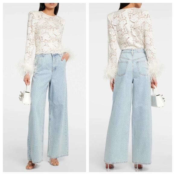 Self-Portrait Embellished Rhinestone-Studded Wide-Leg Jeans - Picture 1 of 9